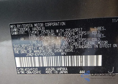 2010 Toyota Rav4 из США, поврежденный, VIN JTMZF4DV9AD022236